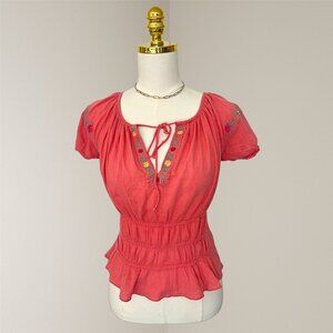 Y2K Pink Tie-Front Embroidered Top